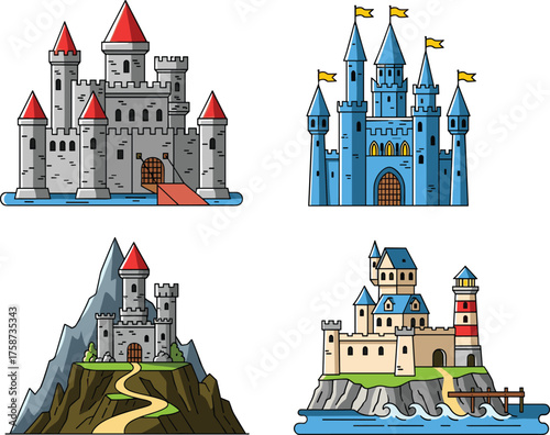 Castle illustrations, medieval fortress, fantasy palace, coastal stronghold, mountain castle, fairy tale architecture, vector design, towers, spires, moat, lighthouse, kingdom art