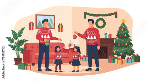 Family Decorating Christmas Tree with Ornaments Together.