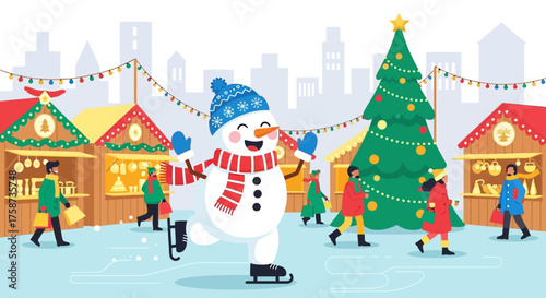 Cheerful Snowman Ice Skating at Christmas Market.