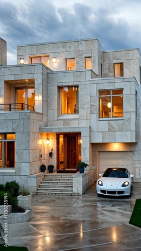 Modern stone house with elegant design and bright lights on a rainy evening in a suburban neighborhood