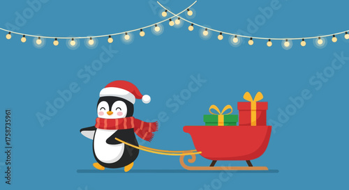 Festive Penguin Pulling Sleigh with Christmas Presents.