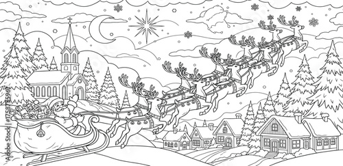 A magical Christmas sleigh ride with reindeer flying over a quaint snowy village at night, a festive winter wonderland scene for coloring