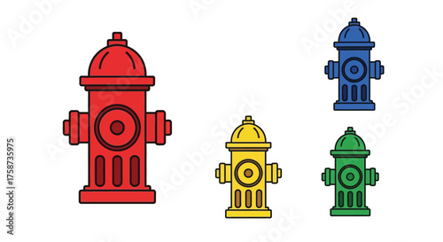 Colorful fire hydrants illustration showing red blue yellow and green designs