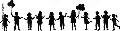 Children silhouettes, kids playing, dancing, balloons, party celebration, happy childhood, vector illustration, black shadow, group activity, festive design, fun art