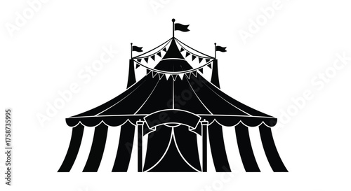 A simple black and white illustration of a classic circus big top tent