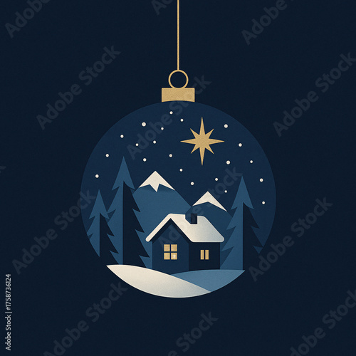 A minimalist illustration of a Christmas ornament featuring a cozy house in a snowy forest under a starry night sky. The dark blue and gold color palette creates an elegant and festive atmosphere