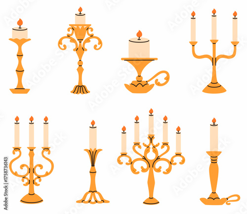 Set of candles in golden candlesticks. Flat vector illustration.