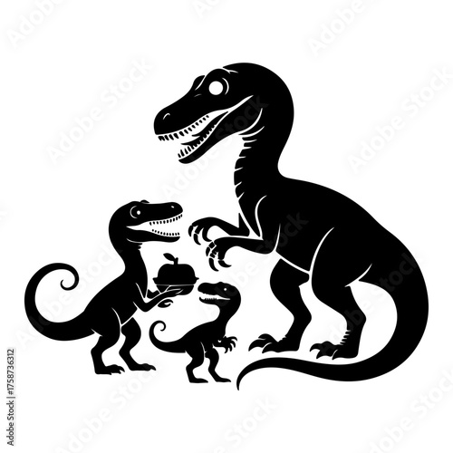A striking black and white illustration of a family of velociraptors, with a parent holding an apple for its young