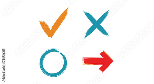 Colorful checkmark cross circle and arrow symbols on a white background