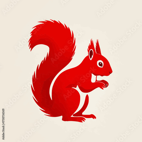 Vibrant red squirrel illustration, standing profile view, playful woodland rodent character icon, digital graphic design element