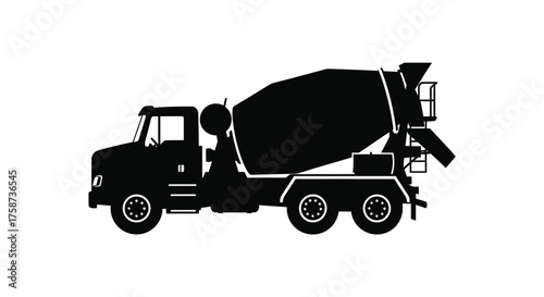 Simple black silhouette of a concrete mixer truck on white background