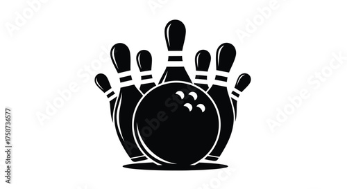 Black and white illustration of bowling pins struck by a bowling ball