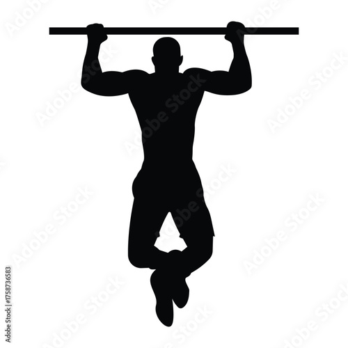 Fitness man doing pull-up exercise silhouette, representing strength, power, and gym training. Great for fitness posters and sports icons.