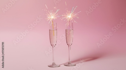 Two gold-flute champagne glasses and fireworks for a New Year's celebration