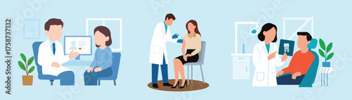Medical consultation healthcare. Examining service doctor and patient stethoscope visit vaccination  dental checkup concept  flat vector illustration.