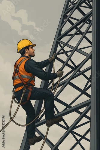 A worker using a harness on a high steel structure
