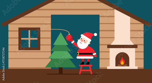 Santa Claus Decorating Christmas Tree Inside Cabin.