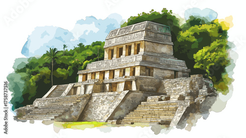 Palenque Ruins. Palenque Ruins hand drawn watercolor illustration