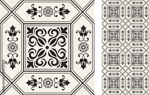 Seamless Azulejo tile. Portuguese and Spain decor. Ceramic tile in black and white. Vector hand drawn illustration, typical portuguese and spanish tile	