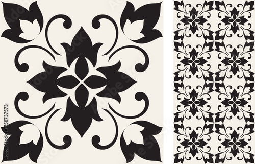 Seamless Azulejo tile. Portuguese and Spain decor. Ceramic tile in black and white. Vector hand drawn illustration, typical portuguese and spanish tile	