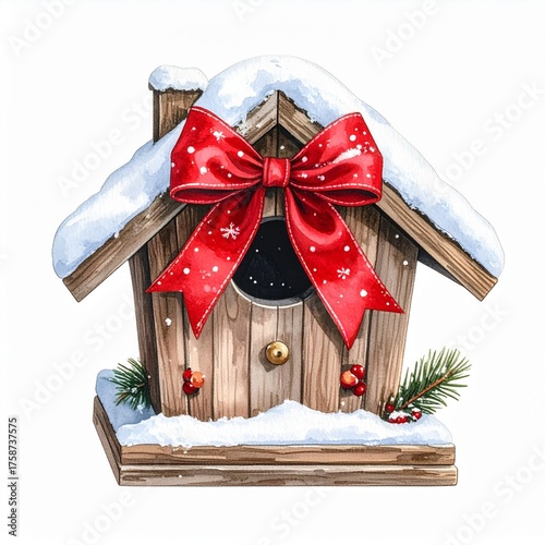 Watercolor Birdhouse with Red Bow and Snow Covered Roof on White Background