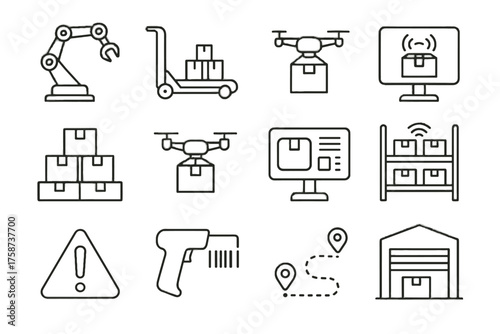 Automation stack vector drone route barcode warehouse screen icon package lift line