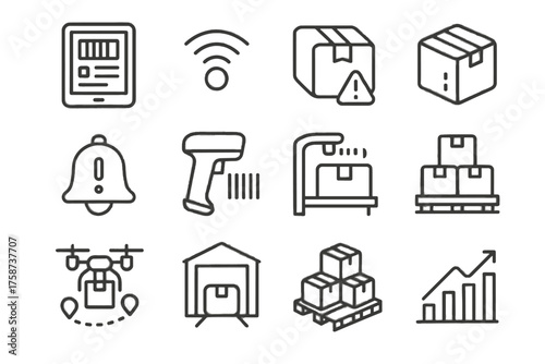 Drone icons vector package sensor inventory management storage pallet tablet icon shelf