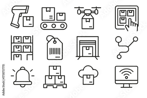 Stack line icon scanner lift digital tablet tag fulfillment icons sensor vector