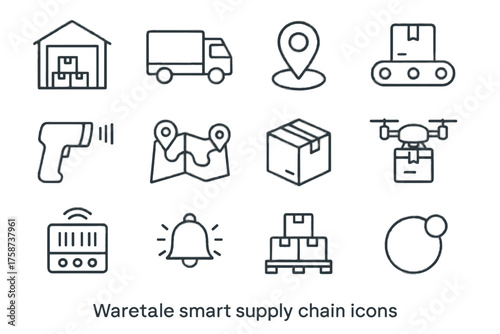 Map supply cargo chain barcode conveyor vector drone bell gps smart icon