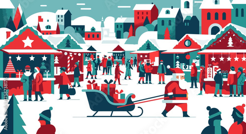 Festive Christmas Market Scene with Santa and Sleigh.