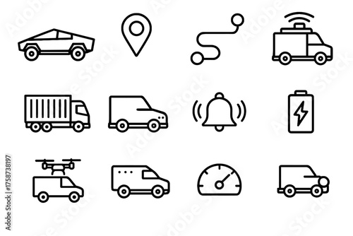Vector indicator route sensor bell energy truck icon battery cyber autonomous notification