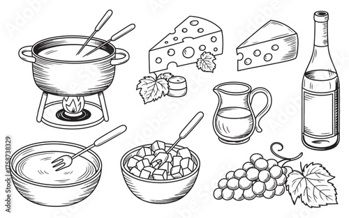 Artisanal hand-drawn collection of fondue, cheese, wine, and gourmet food items