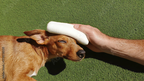 A figure's hand gently applying a plain, cool, damp cloth to a dog's forehead, demonstrating active cooling measures. Indicating outdoor care. Protecting pets from overheating. Pet animals.