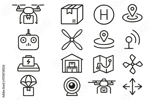 Gps remote vector camera dock drone icons delivery quadcopter arrows icon signal