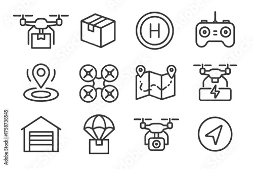 Quadcopter icons delivery route vector gps map icon propellers drone landing