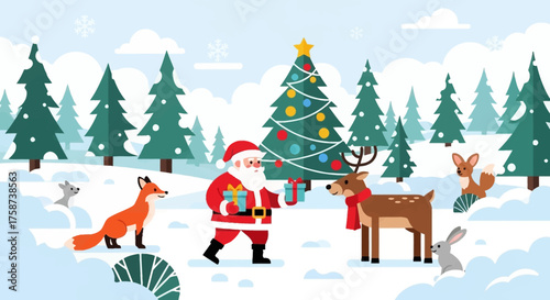 Santa Claus Giving Gifts to Reindeer in Winter Scene.