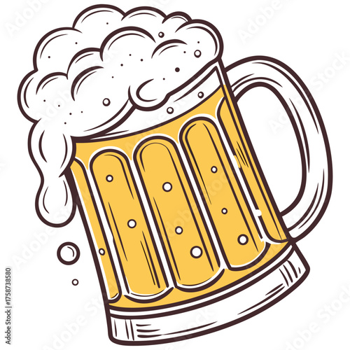 A frosty mug of golden beer, perfectly poured with a thick head, inviting a refreshing and convivial moment with crisp lines and vibrant color.