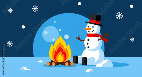 Cartoon Snowman Sitting by Campfire in Winter Scene.