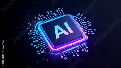 Photorealistic Ultra HD Close-Up of a Glowing AI Chip on a Circuit Board with Neon Red and Blue Lighting Showcasing Futuristic Artificial Intelligence Technology	
