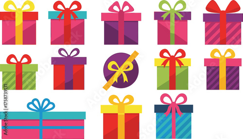 Collection of Colorful Gift Boxes with Ribbons and Bows on White Background present surprise
