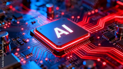 Photorealistic Ultra HD Close-Up of a Glowing AI Chip on a Circuit Board with Neon Red and Blue Lighting Showcasing Futuristic Artificial Intelligence Technology	
