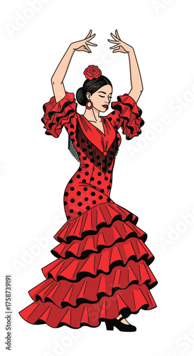 Elegant woman performing flamenco dance in vibrant red dress  