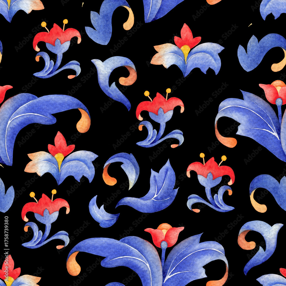 Obraz premium Seamless watercolor pattern with curly blue leaves and red flowers, inspired by medieval botanical ornaments.