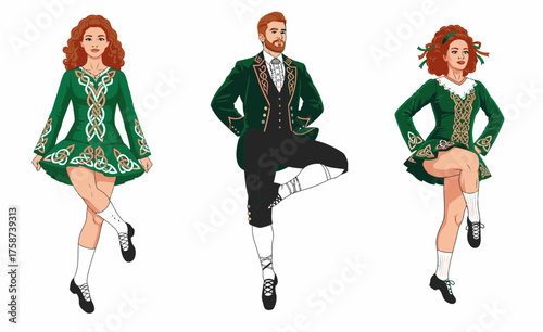 Three dancers performing Irish step dance in traditional costumes  