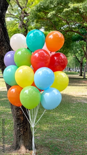 Colorful balloons gathered by a tree in a sunny park enhance the joyful atmosphere for outdoor celebrations and gatherings