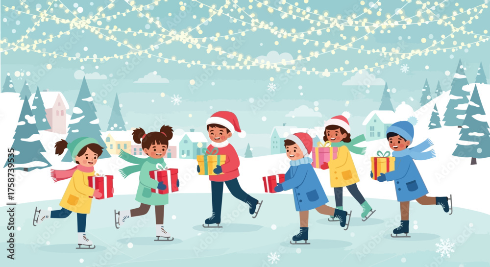Fototapeta premium Children Ice Skating with Christmas Gifts in Winter.