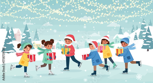 Children Ice Skating with Christmas Gifts in Winter.