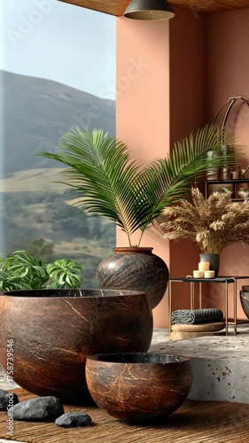 Stylish indoor garden design with elegant pots and vibrant plants near a scenic mountain view