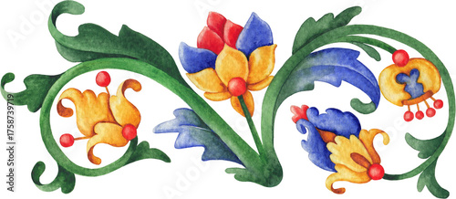 Elegant hand-painted watercolor ornament composed of leaves and flowers, inspired by medieval botanical motifs.