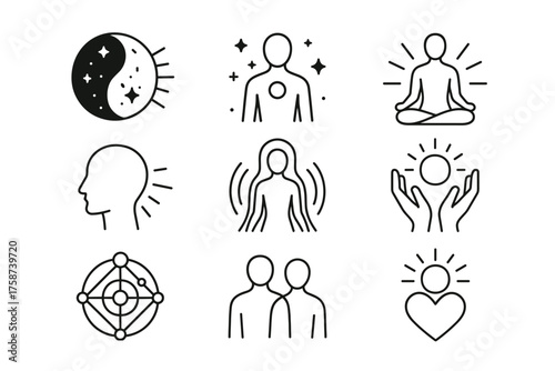 Spiritual Awakening Line Icons Set — Energy Healing, Mindfulness, and Inner Light